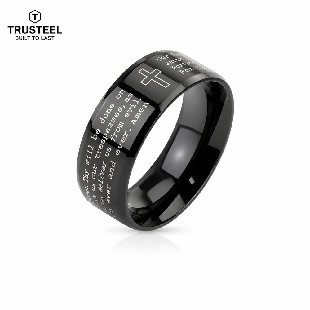 Men’s 8mm Lord’s Prayer black Band Ring Stainless Steel 6mm size 6